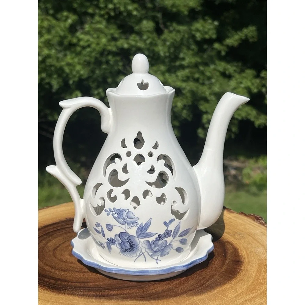 Blue White Porcelain Coffee Pot Tealight Fairy Light Lantern Pierced Floral